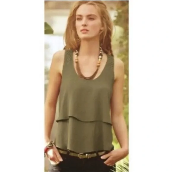 Anthro HD in Paris Olive Green Tiered Ruffle Crochet Lattice Lace Tank Blouse - Picture 2 of 7